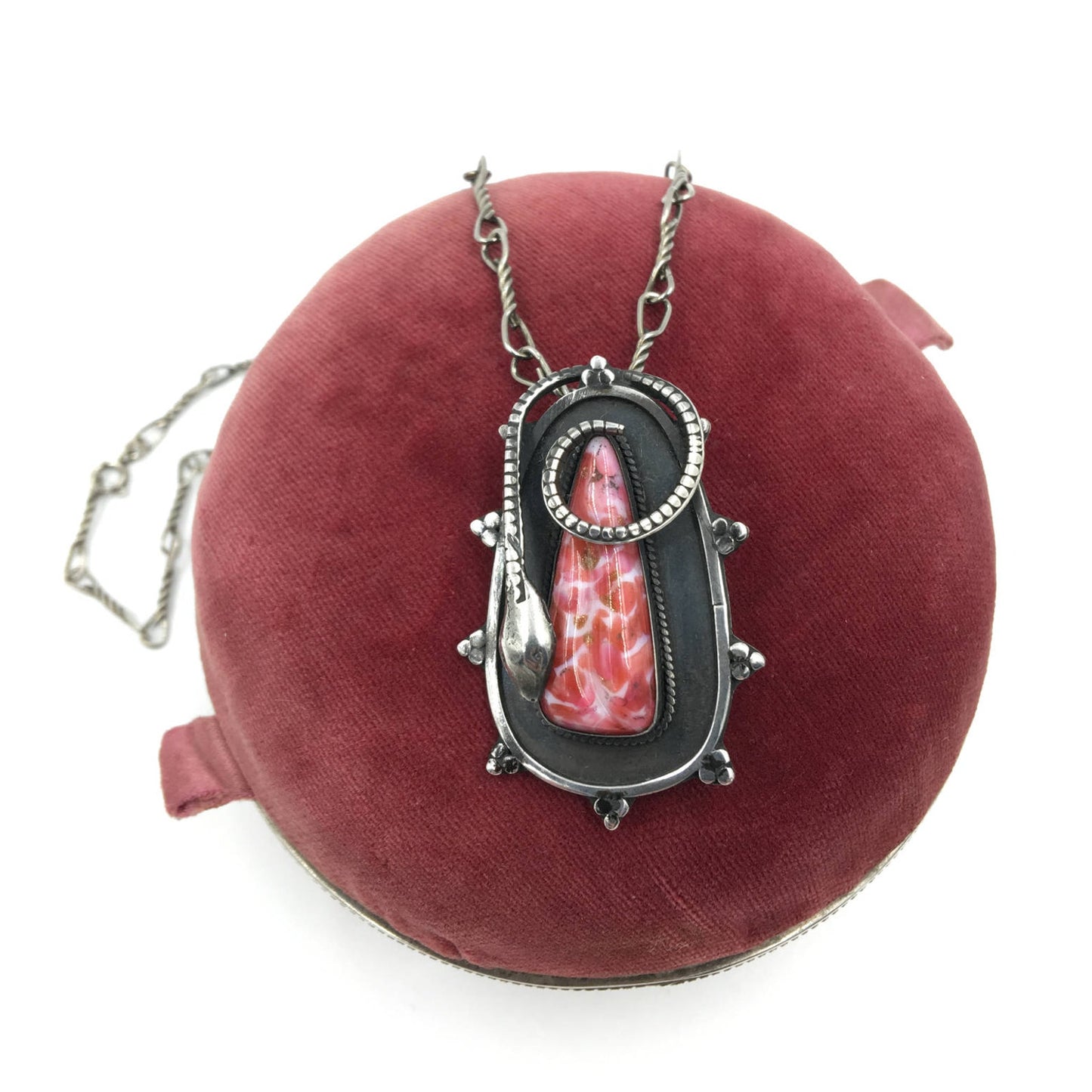 ART DECO Antique Sterling Silver Pendant Necklace Brooch, Snake, Czech Glass