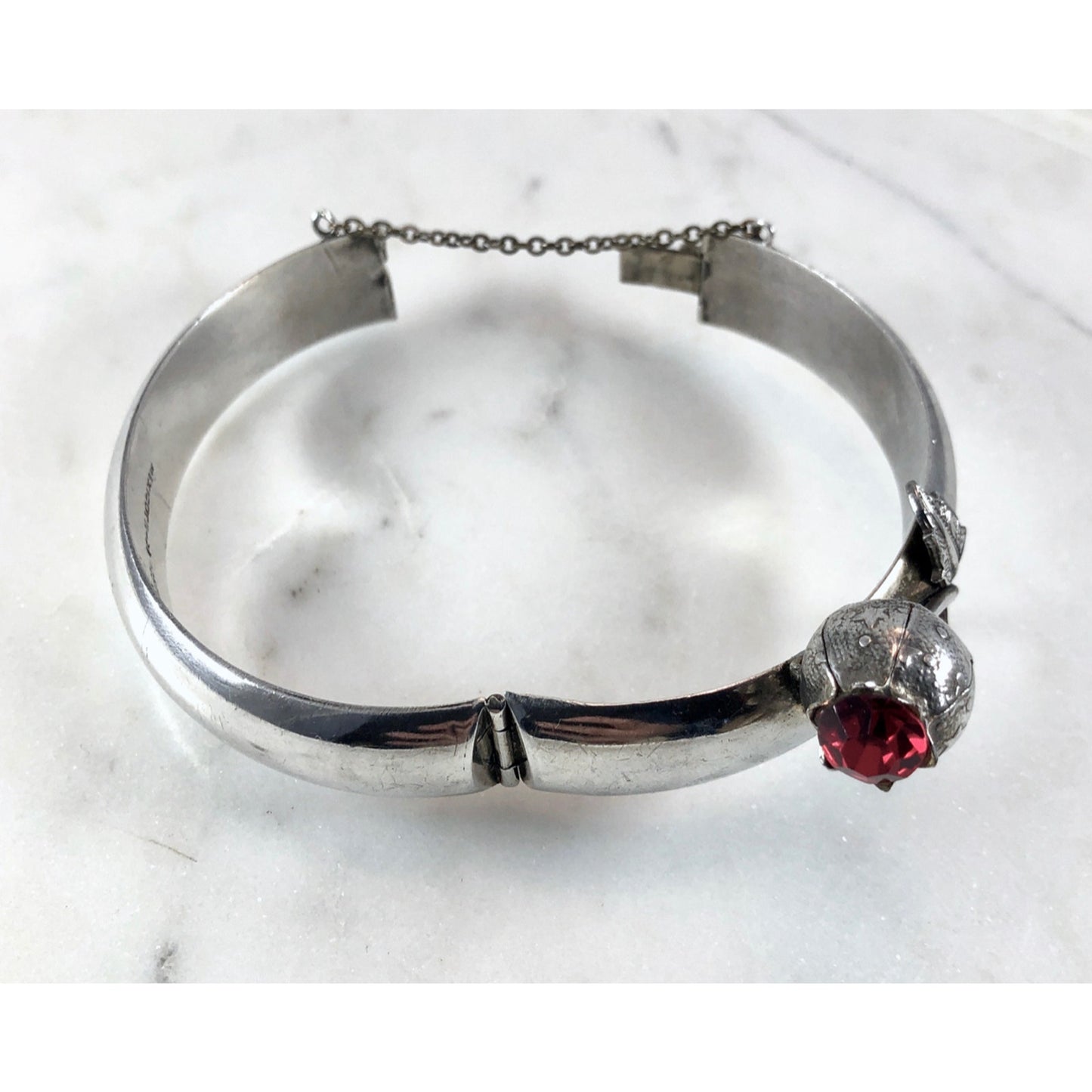 Antique Sterling Silver Mexican RED Poppy Flower Pendant Bangle Bracelet