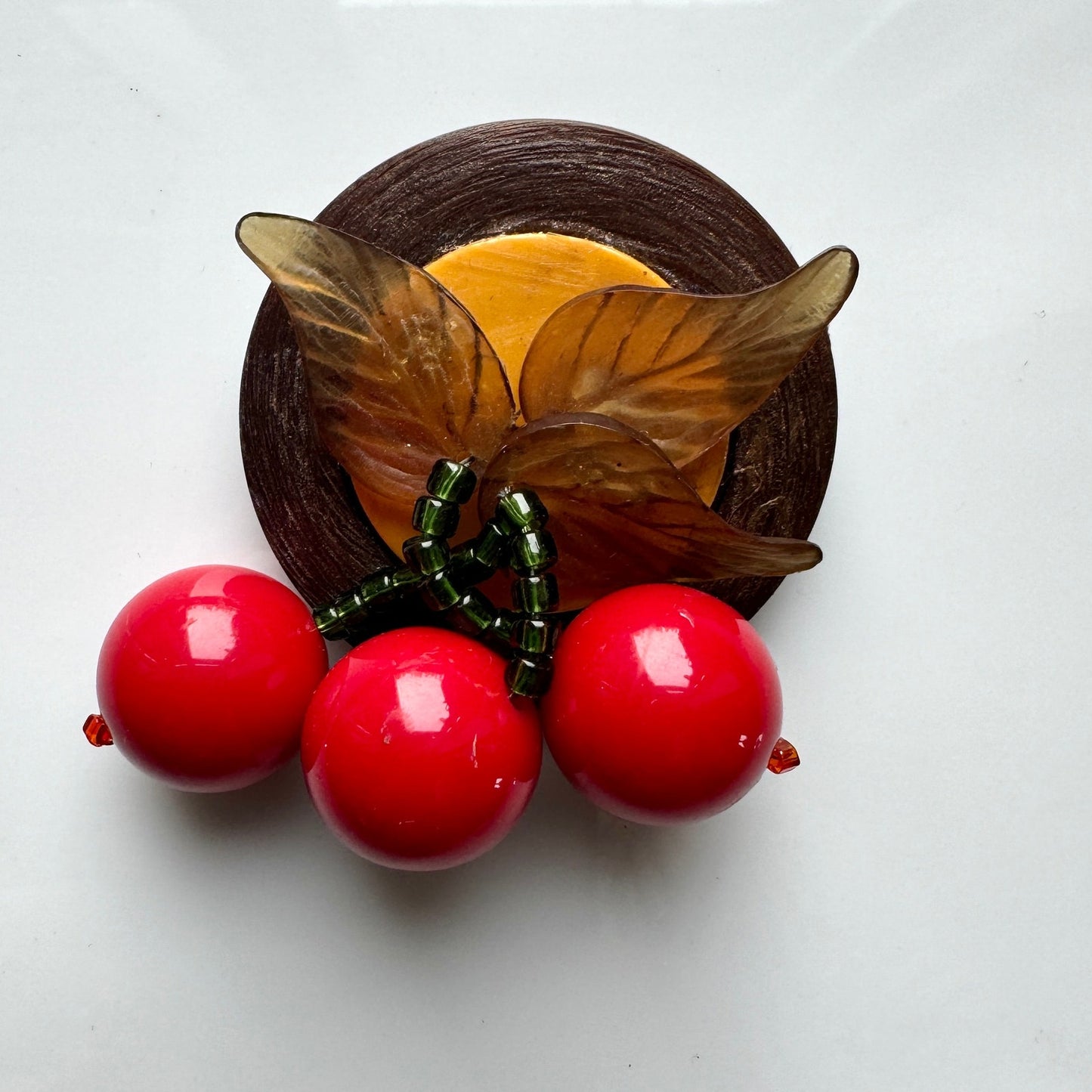 Vintage 1930's Cherry Dangling Brooch Beaded Leaves
