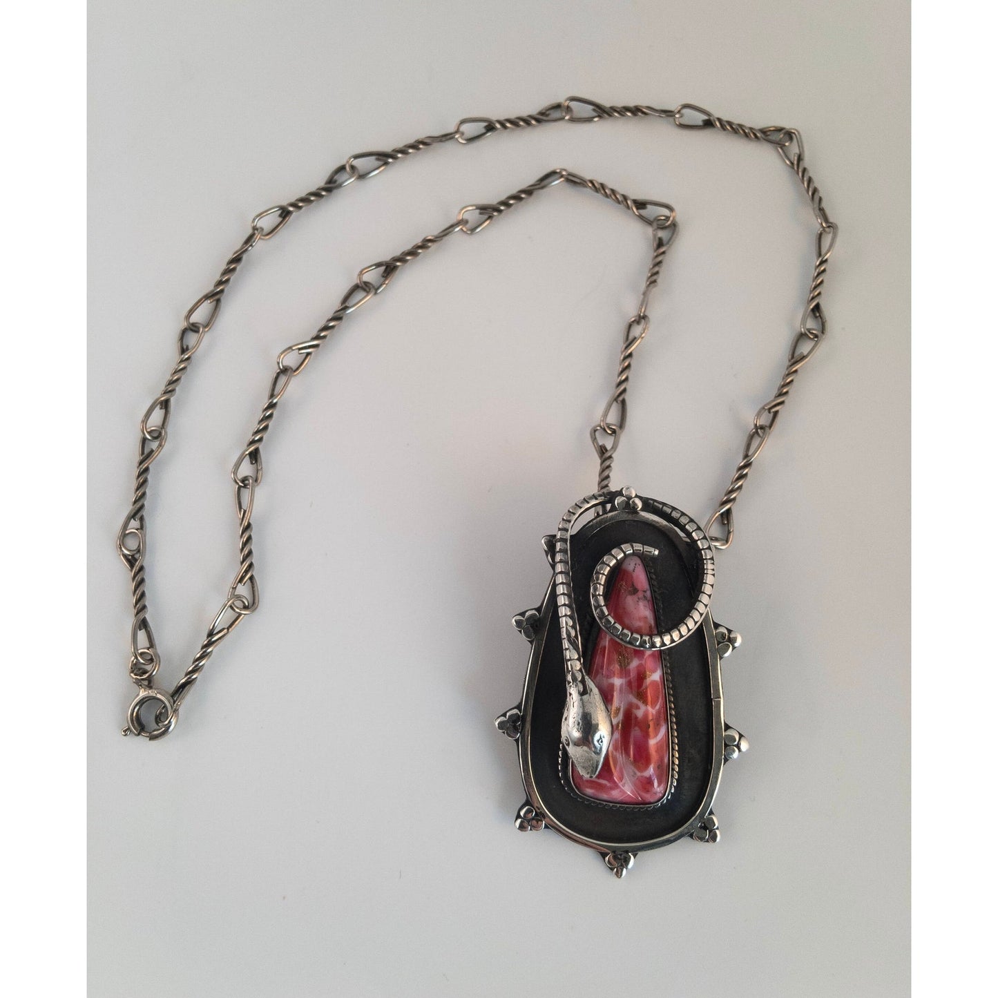 ART DECO Antique Sterling Silver Pendant Necklace Brooch, Snake, Czech Glass