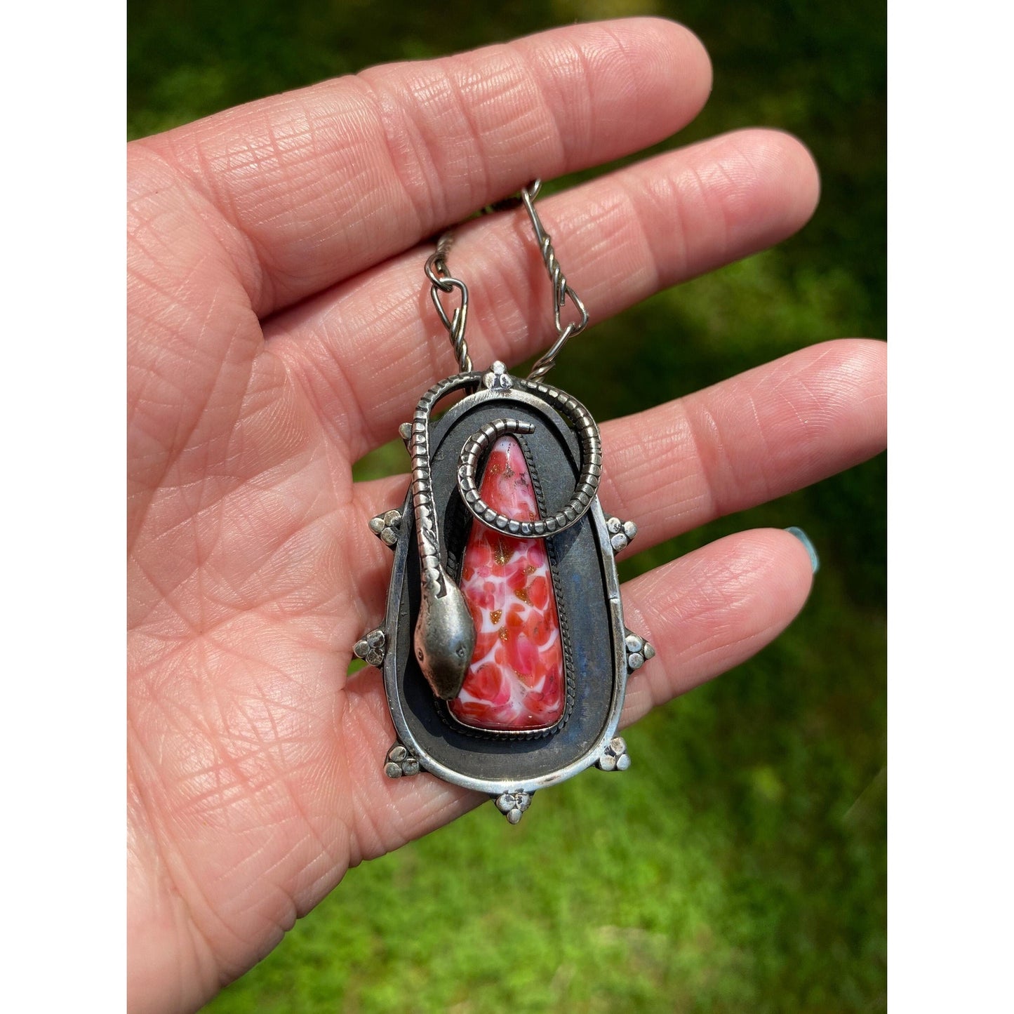 ART DECO Antique Sterling Silver Pendant Necklace Brooch, Snake, Czech Glass
