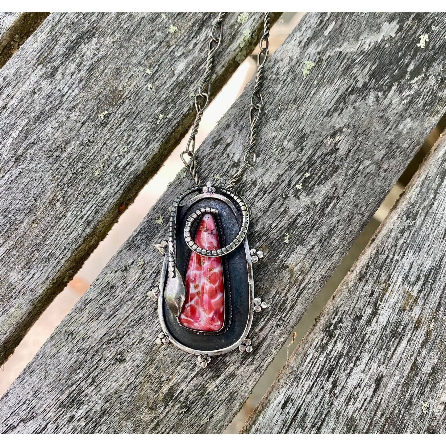 ART DECO Antique Sterling Silver Pendant Necklace Brooch, Snake, Czech Glass