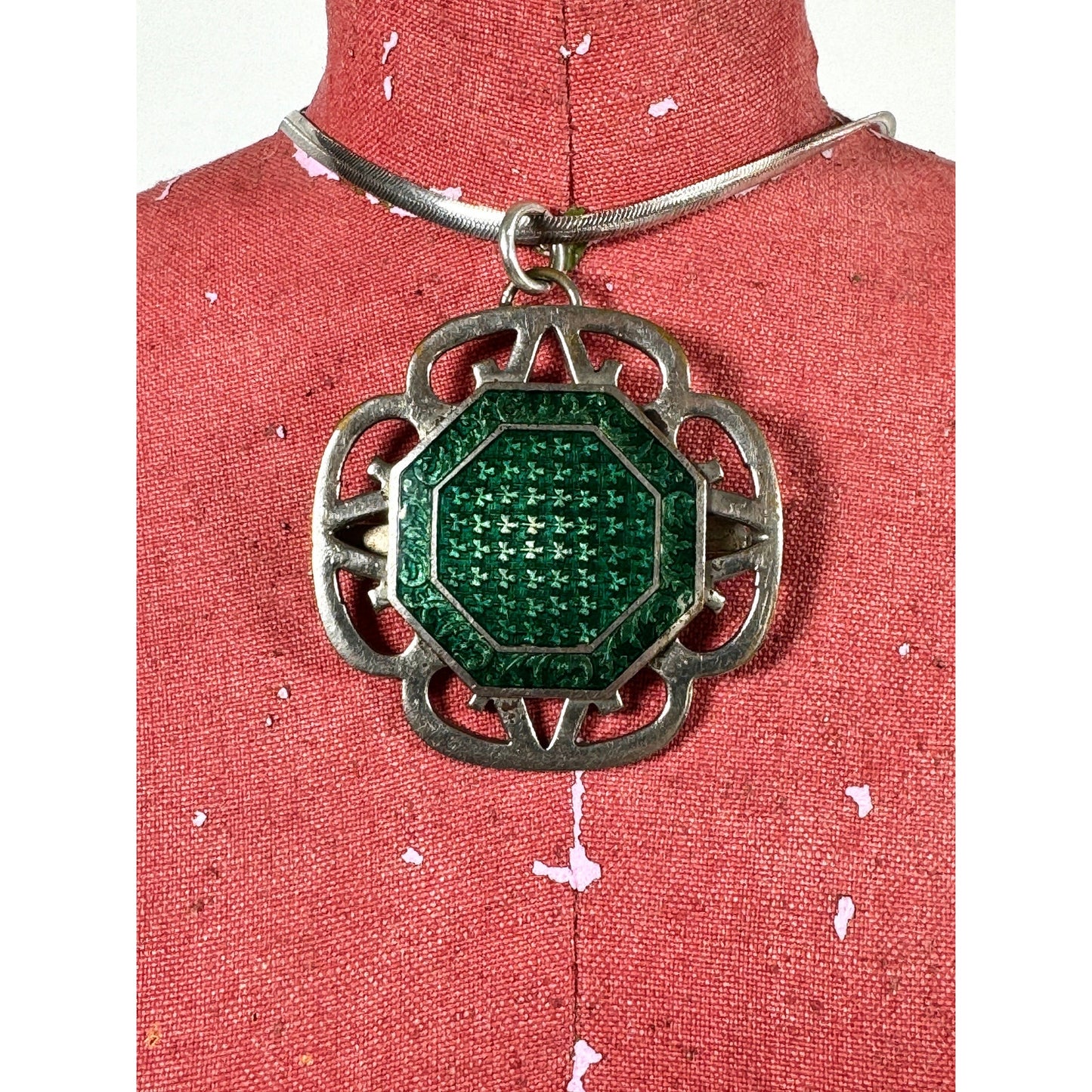 Antique Enamel Silver Pendant, Sterling Silver Herringbone Chain
