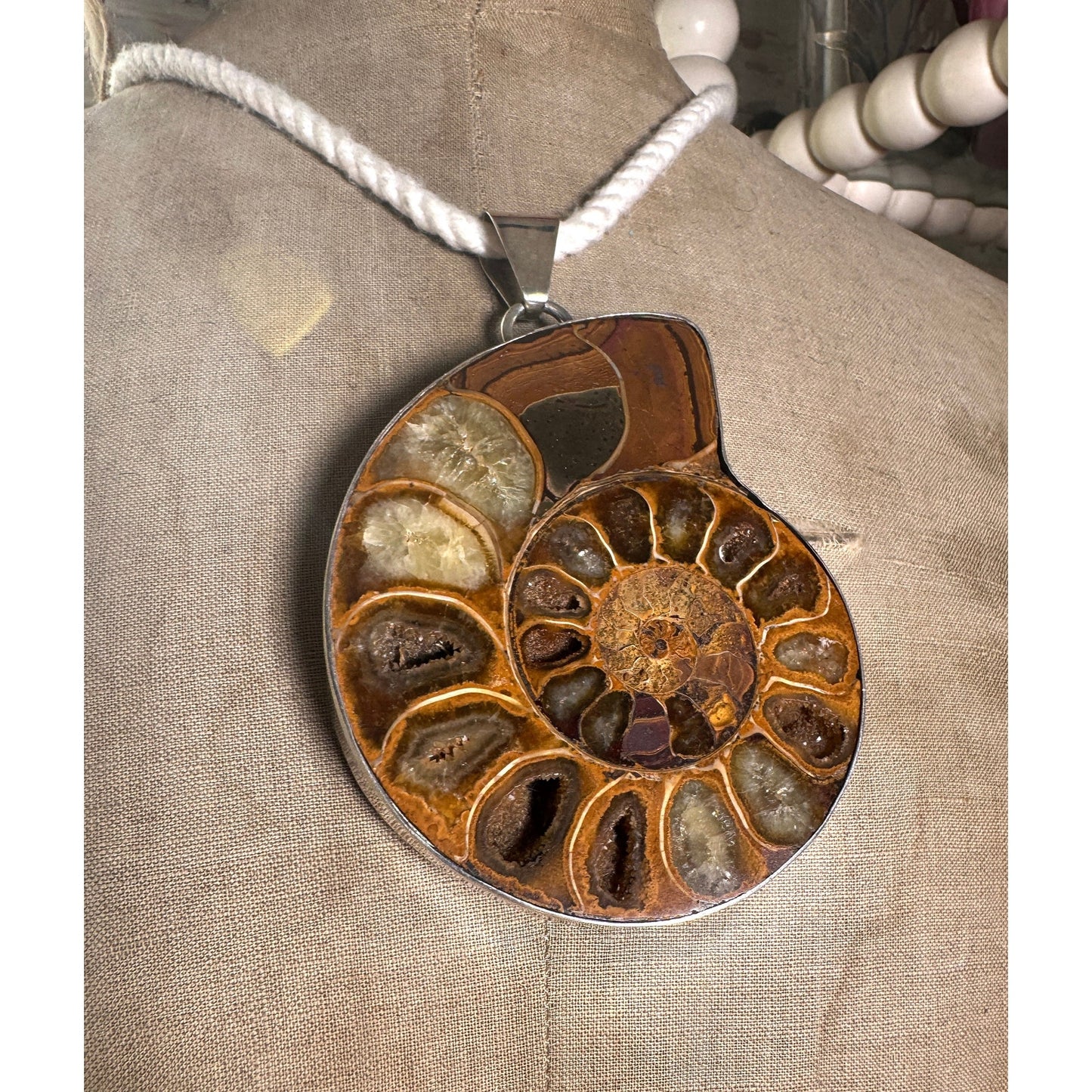 Huge Ammonite Pendant Sterling Silver White Rope Necklace