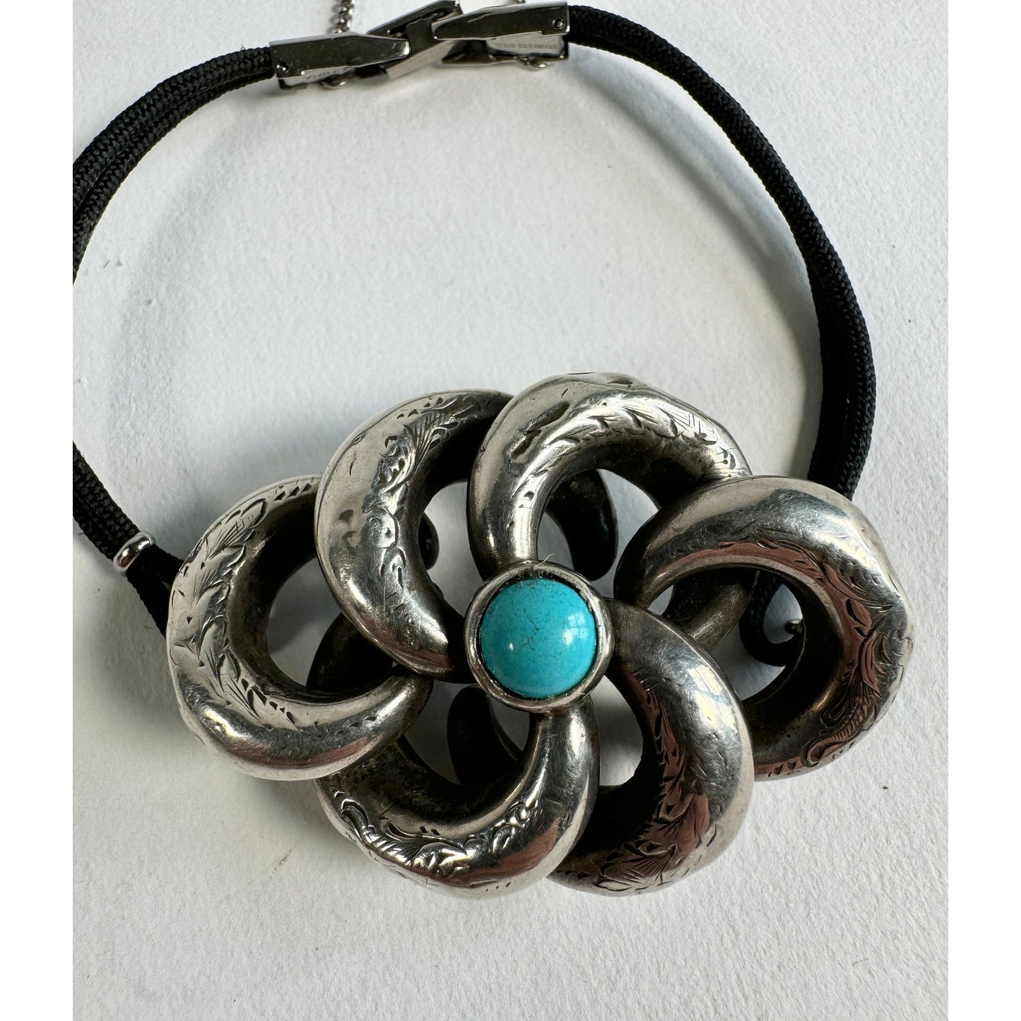 Antique, Unusual, Large Sterling Pendant Bracelet Conversion | Brooch with Turquoise, Engraving, Flower / Bow