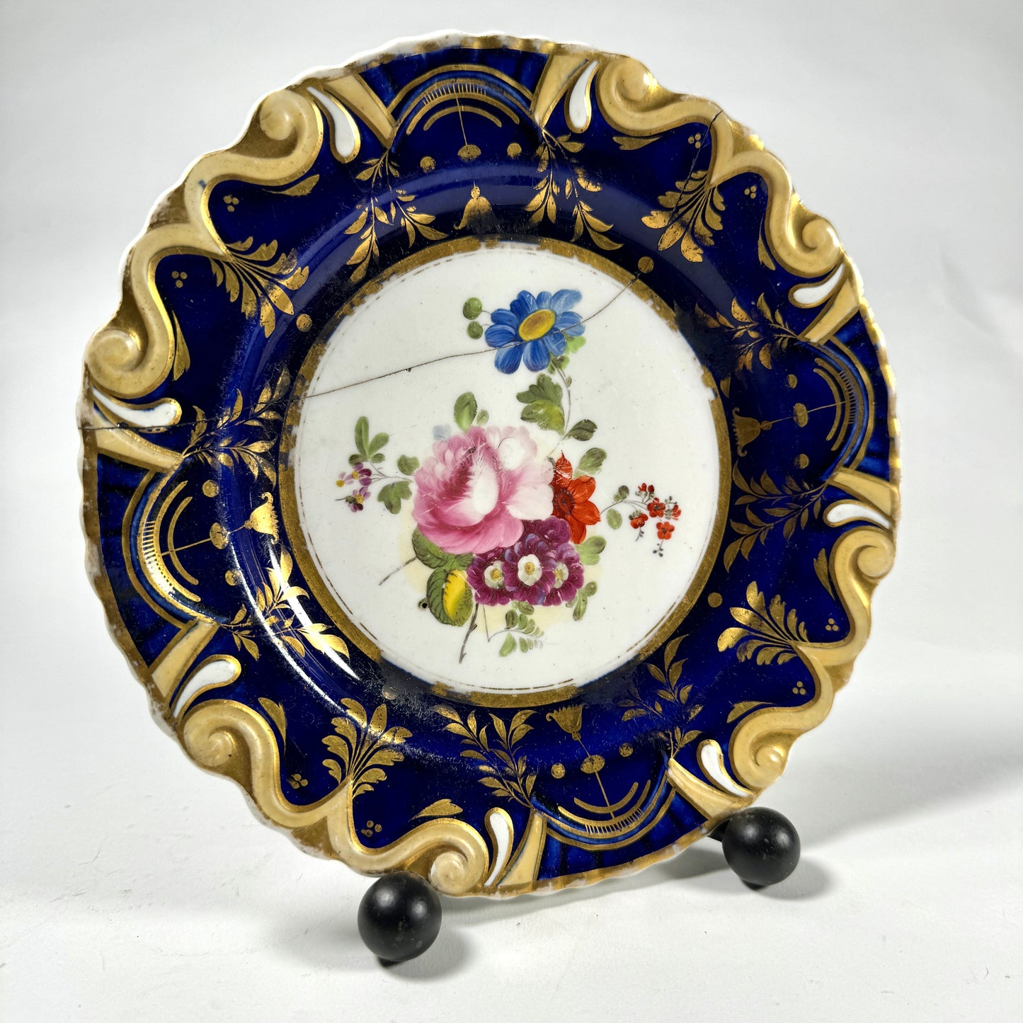Make Do Plate Mended Gold Flowers Cobalt Blue