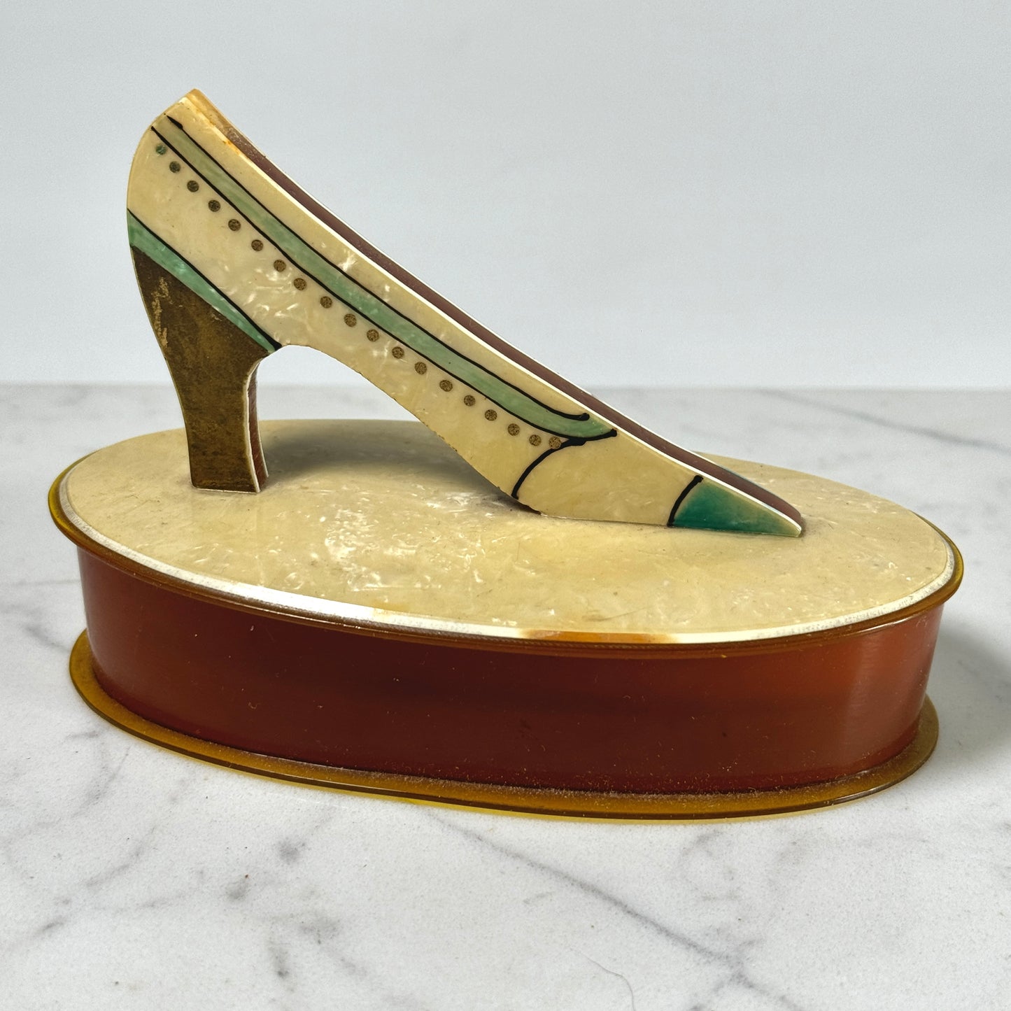 Vintage Celluloid Dresser Box with Shoe Topper
