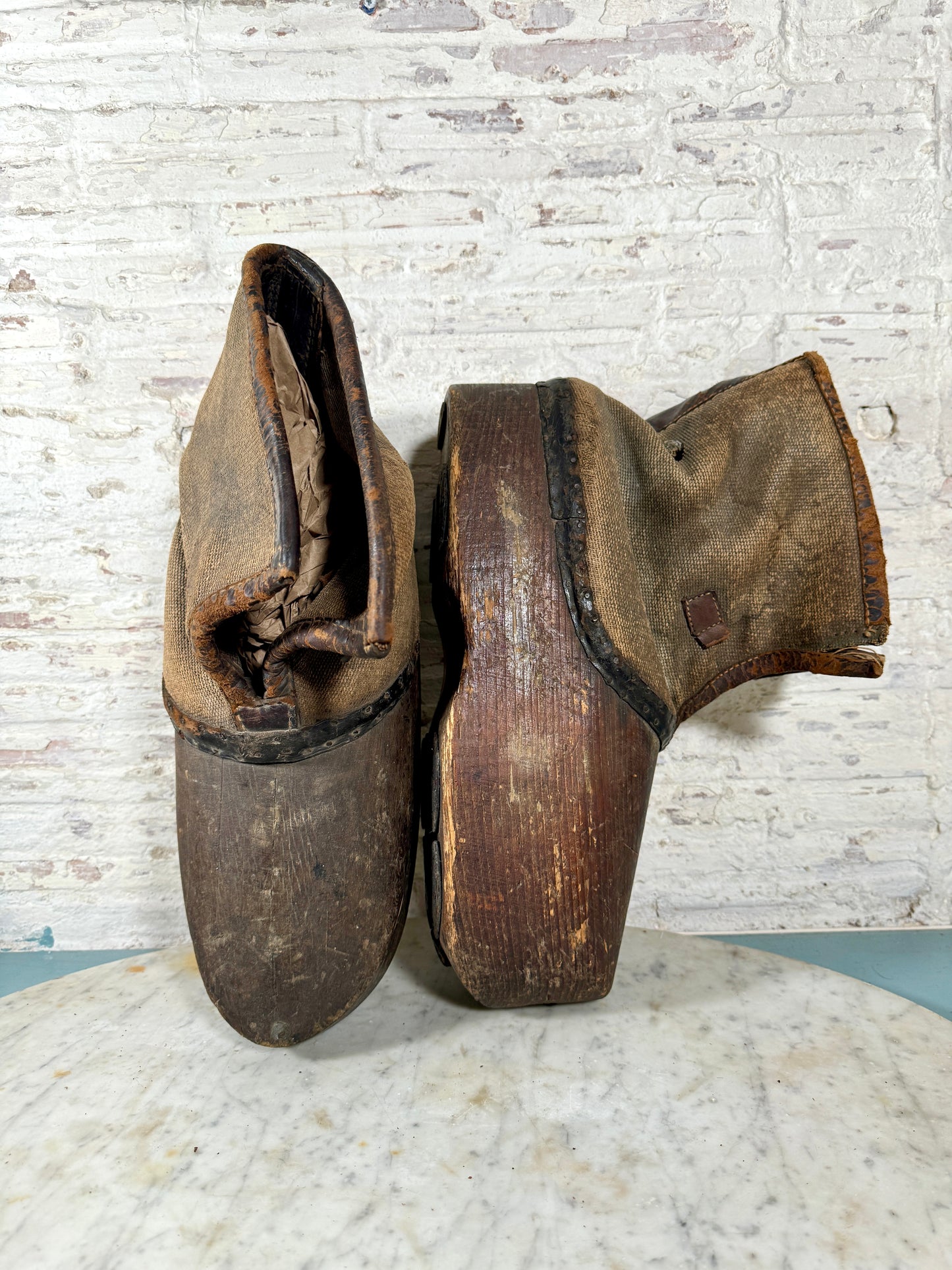 Early Rare BOG Boots / Clogs, Leather, Canvas & Wood