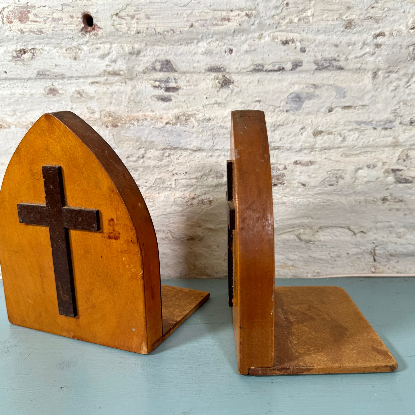 Vintage Wood Bookends with Cross Appliqués