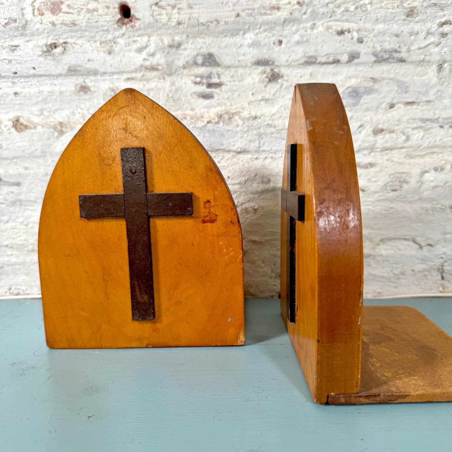 Vintage Wood Bookends with Cross Appliqués