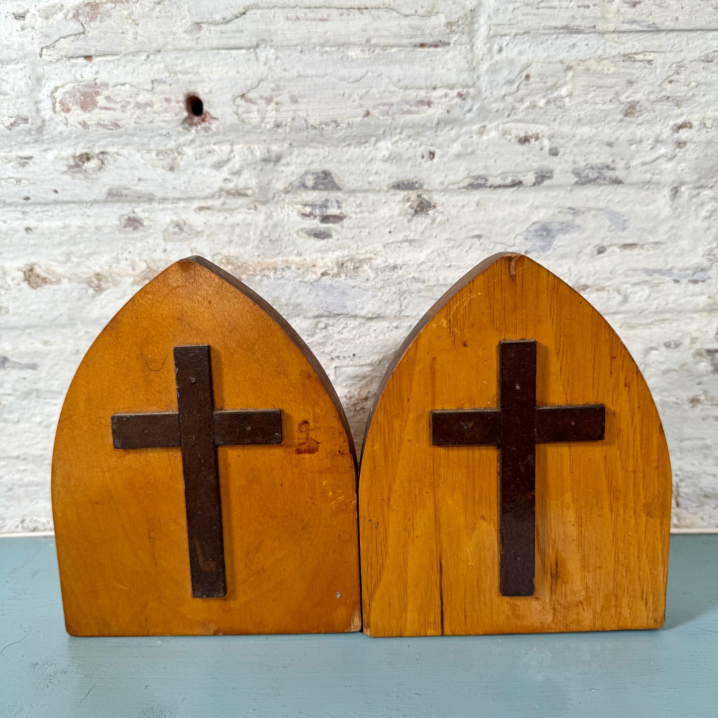 Vintage Wood Bookends with Cross Appliqués