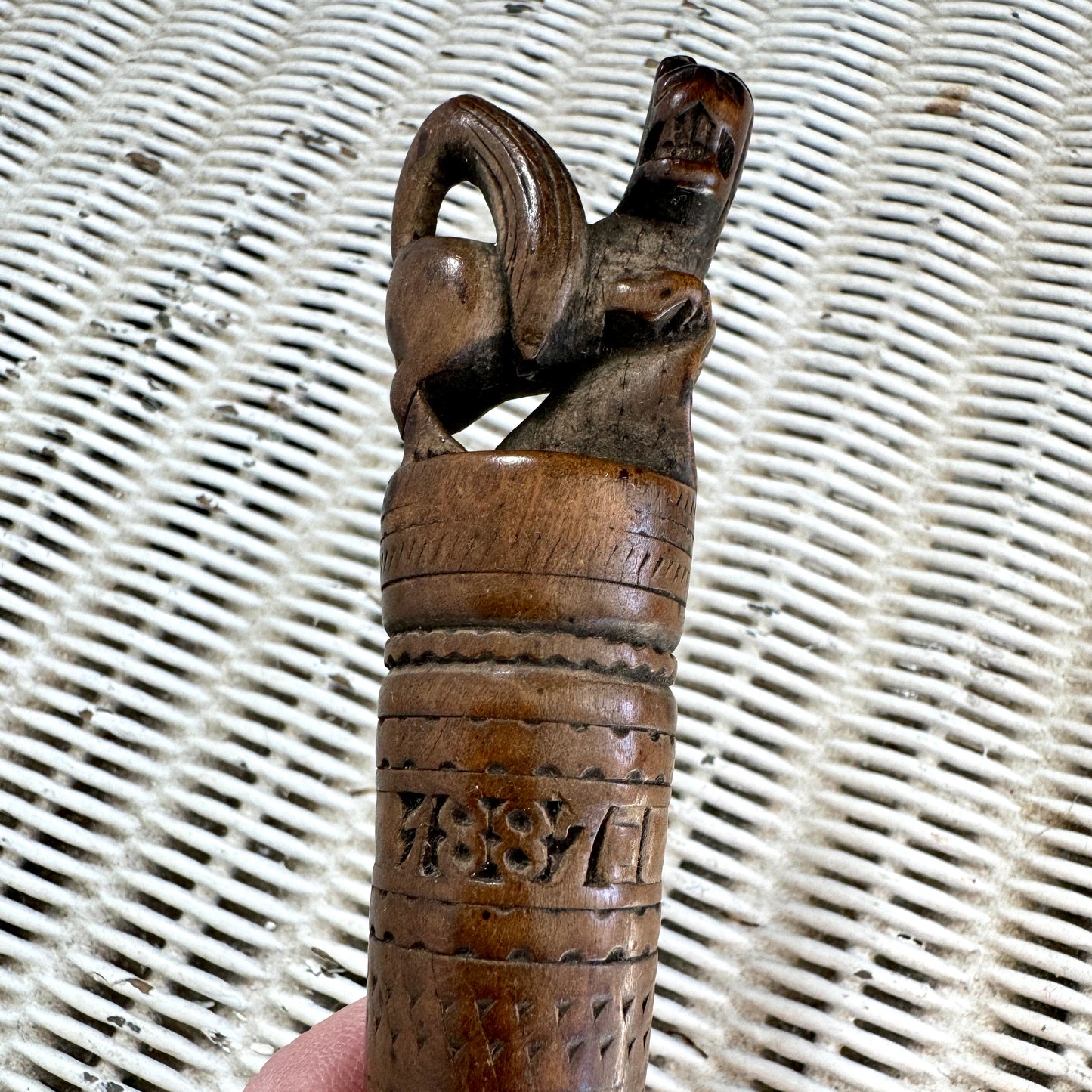 Antique Carved Wood Dog Knife 1887