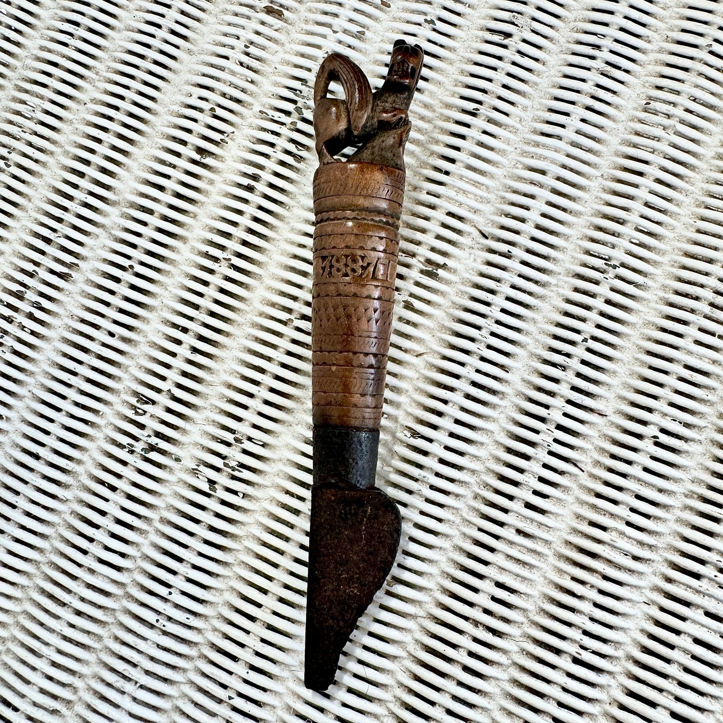 Antique Carved Wood Dog Knife 1887