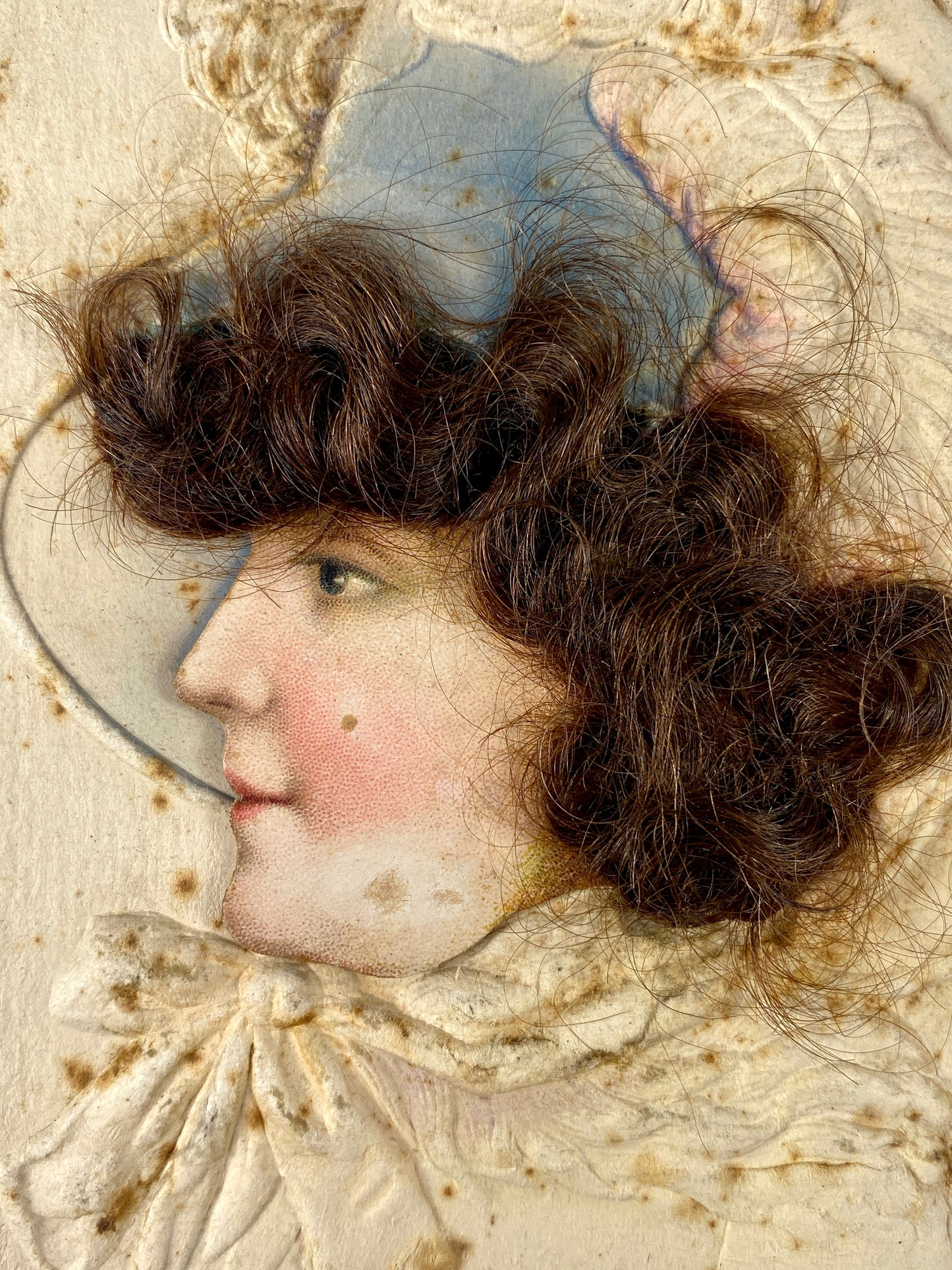 Antique Highly Embossed Fräulein with Real Hair Postcard, circa 1910