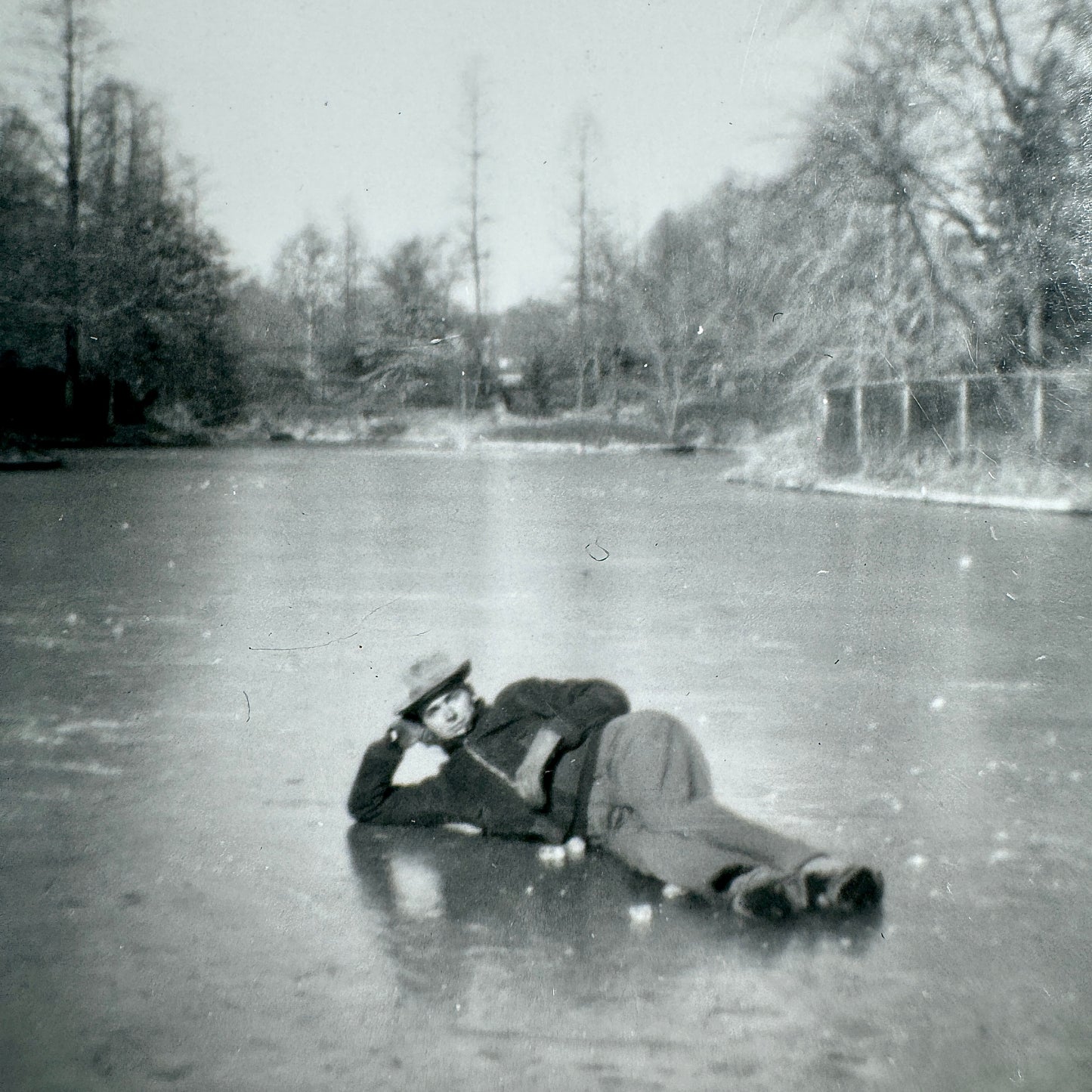 Vintage Black & White Photo Man laying on Ice
