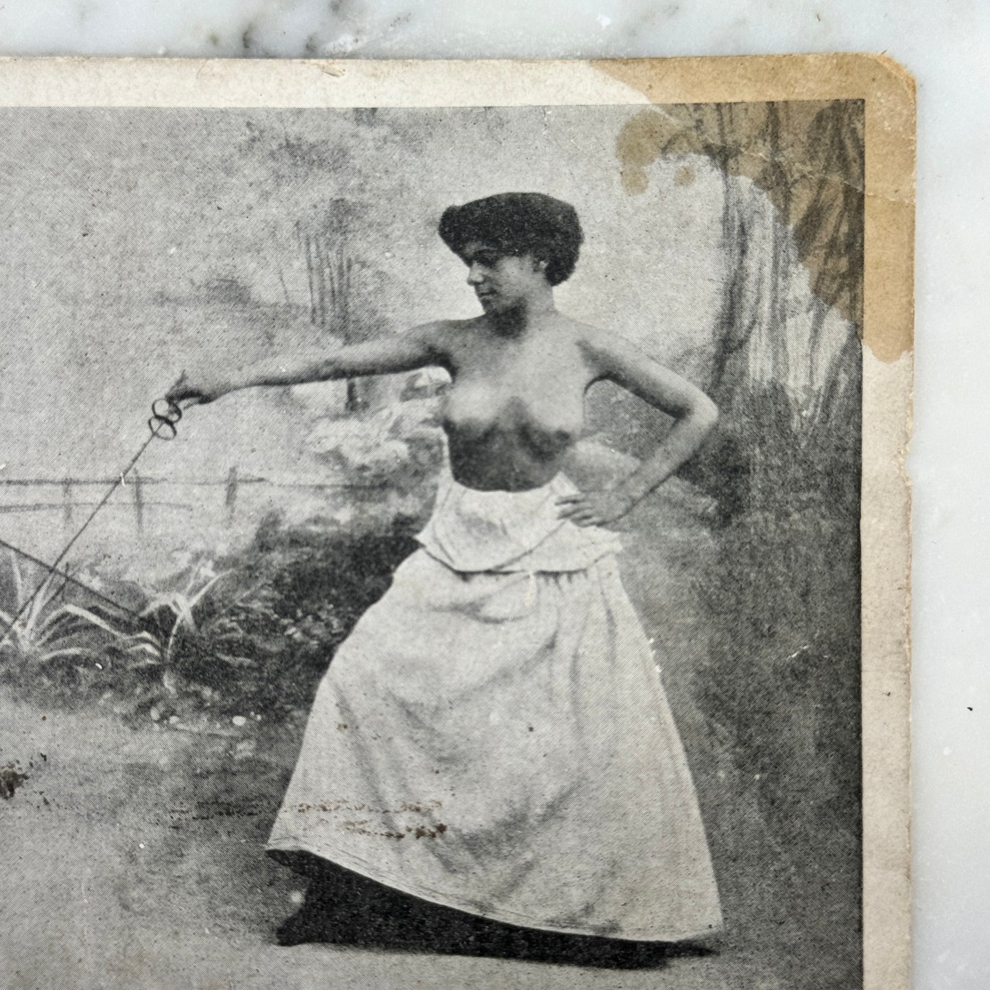 French Carte Postale Two Topless Women Jousting