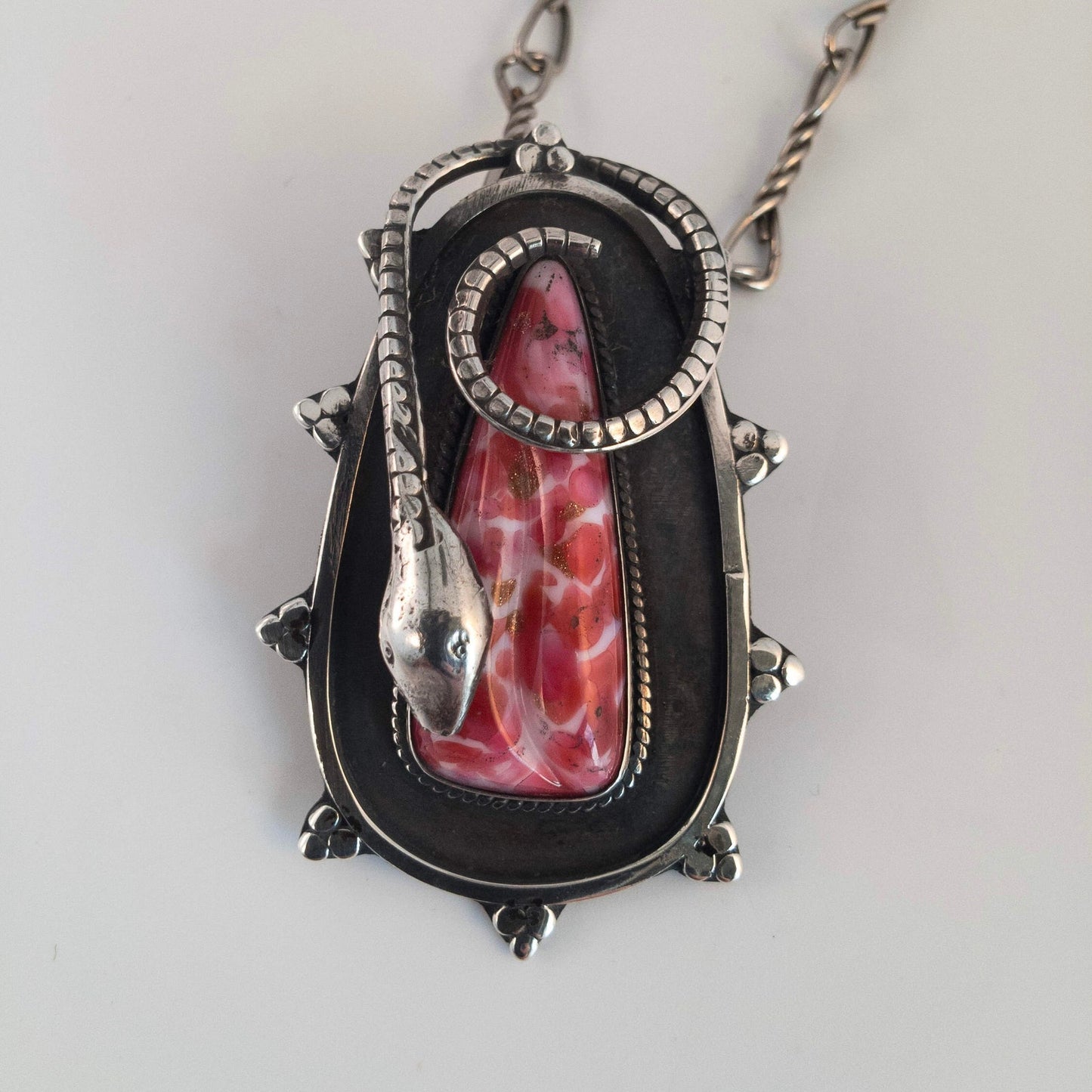 ART DECO Antique Sterling Silver Pendant Necklace Brooch, Snake, Czech Glass