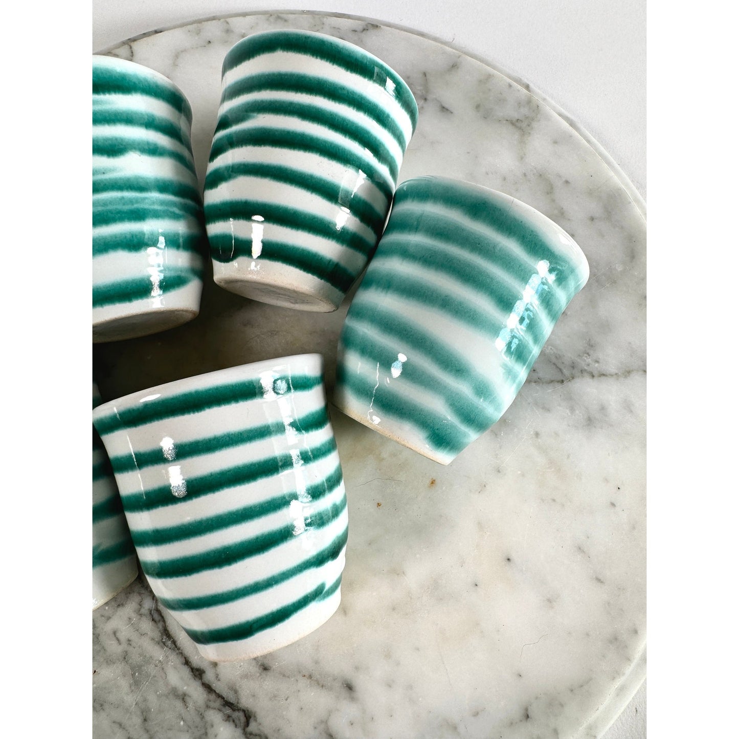Gmundner Keramik, Hand Painted, Dizzy Pattern Green Stripped, 6 Tea Cups, rare, Austrian, Vintage
