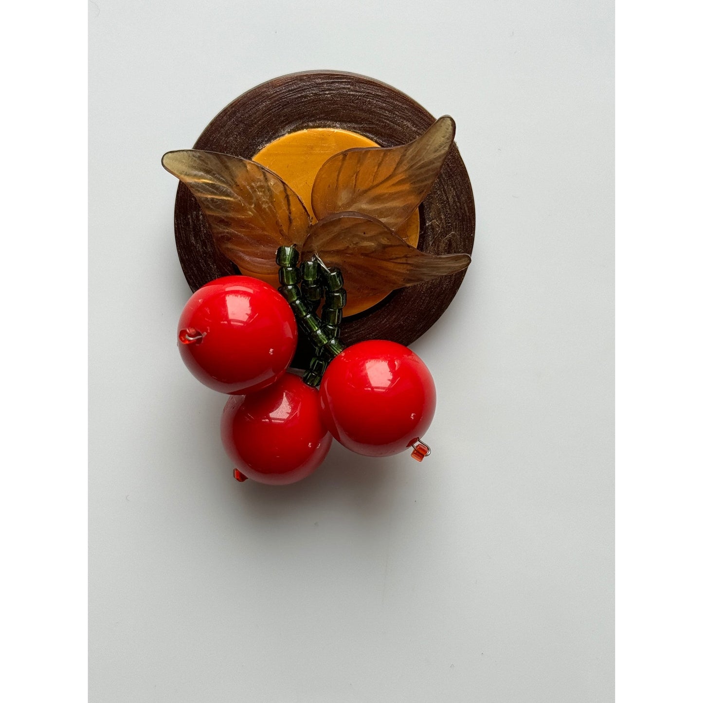 Vintage 1930's Cherry Dangling Brooch Beaded Leaves