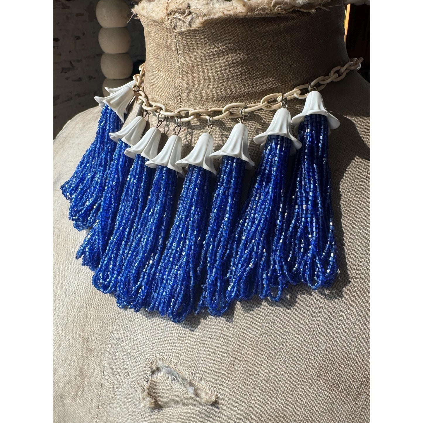 Stunning Beaded Tassel Necklace Celluloid Chain Royal Blue