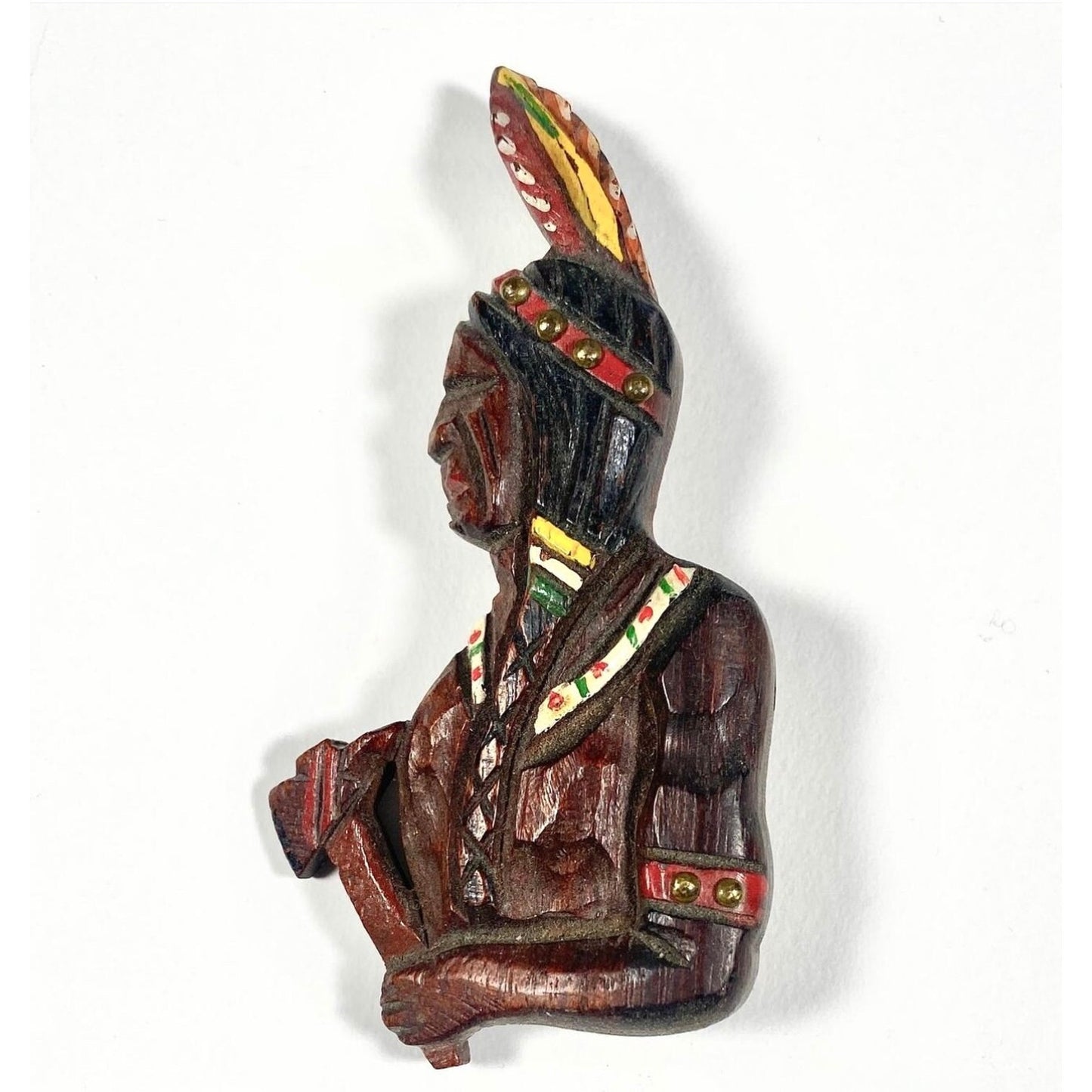 Vintage Wood Indian Brooch, 1940's Painted