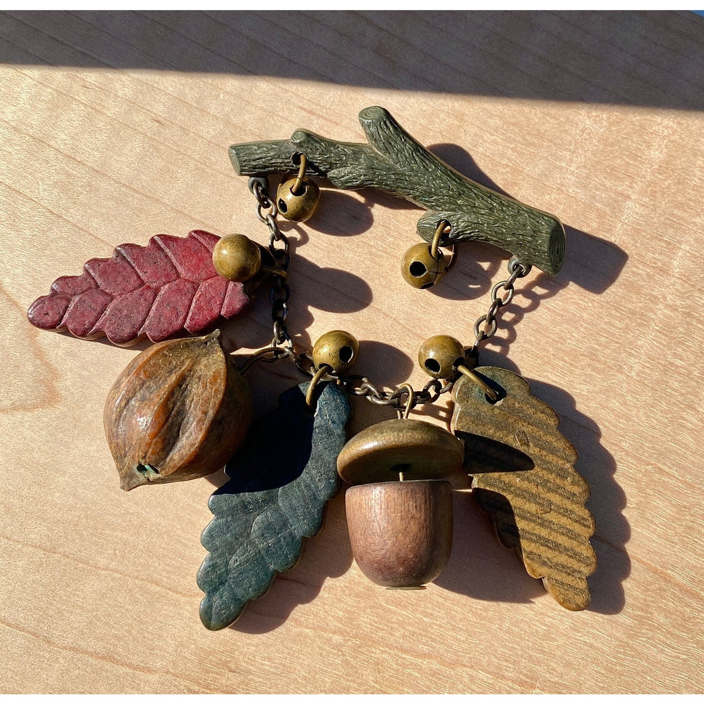 Vintage Carved Wood Nature Brooch, Nuts, Leaves, Branches, Nature Lover