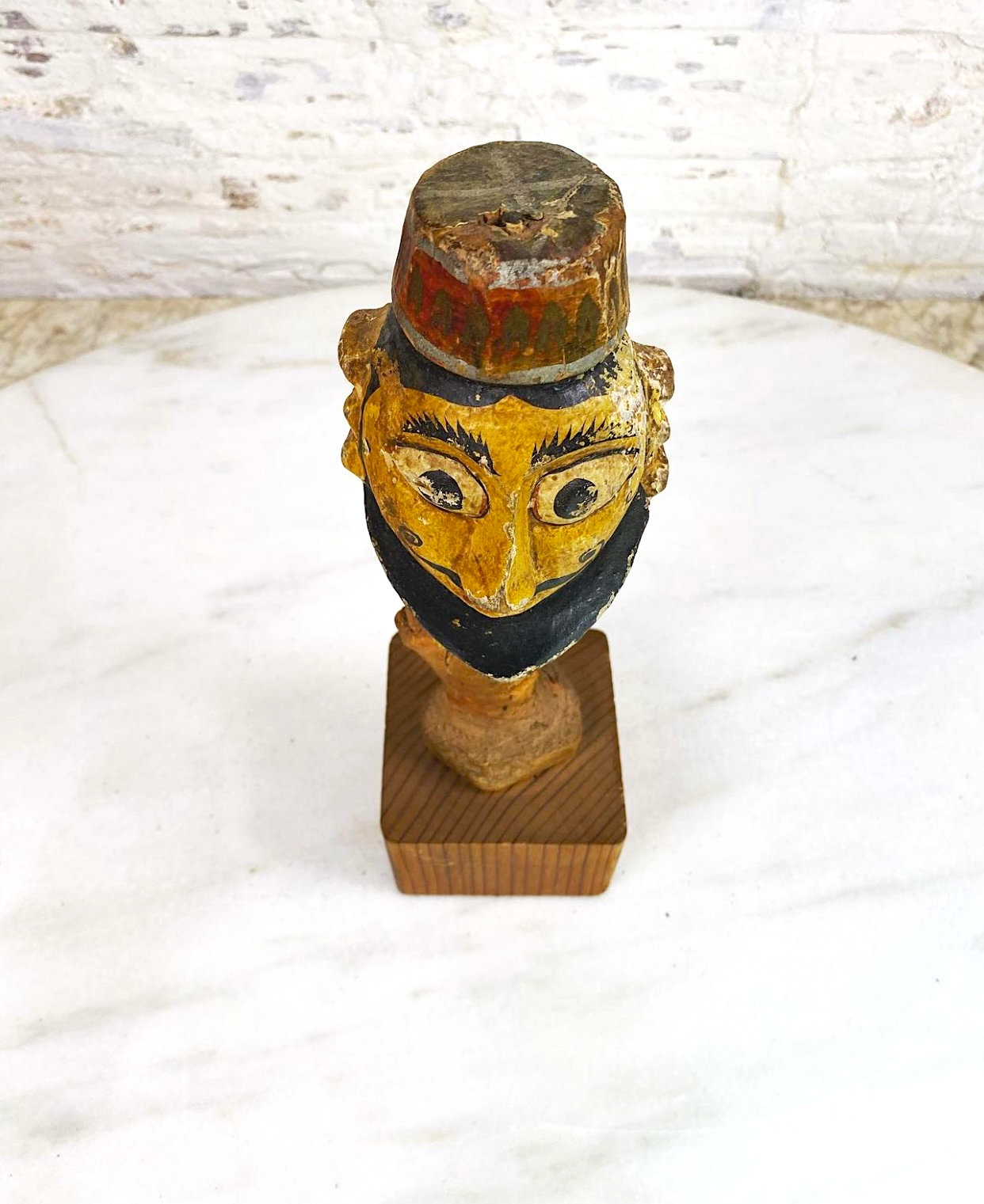 Hand Painted Carving of a Big Eyed Bearded Man with Hat
