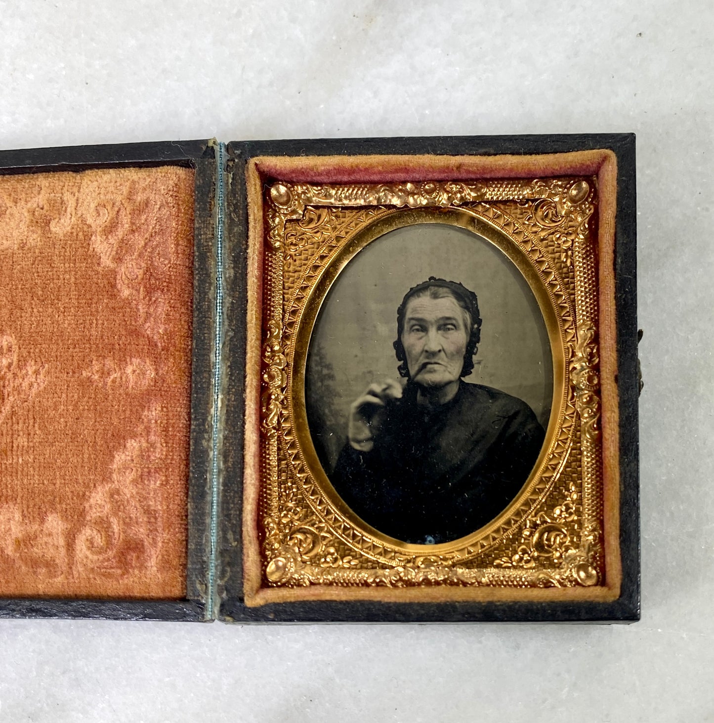 1800's Smokin' Granny Ambrotype in a Gold Frame, Booked Case