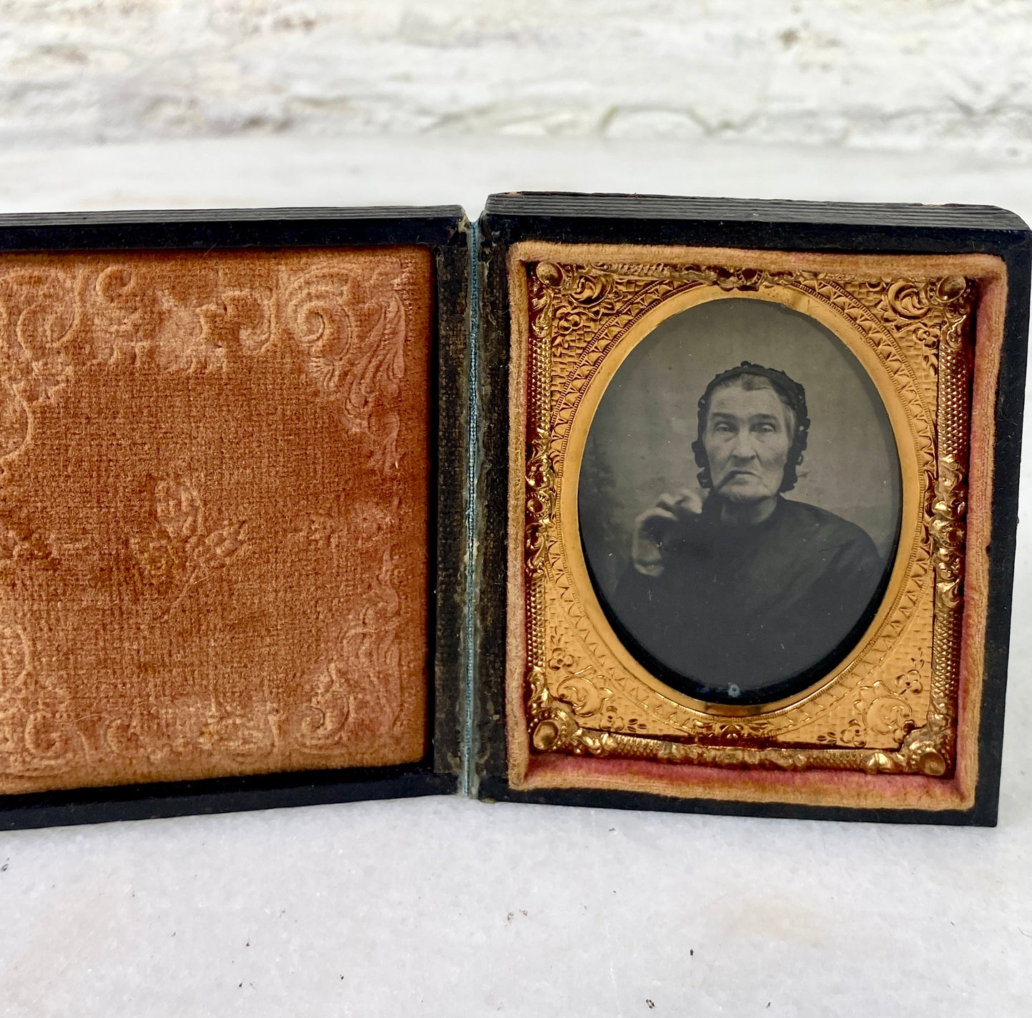 1800's Smokin' Granny Ambrotype in a Gold Frame, Booked Case