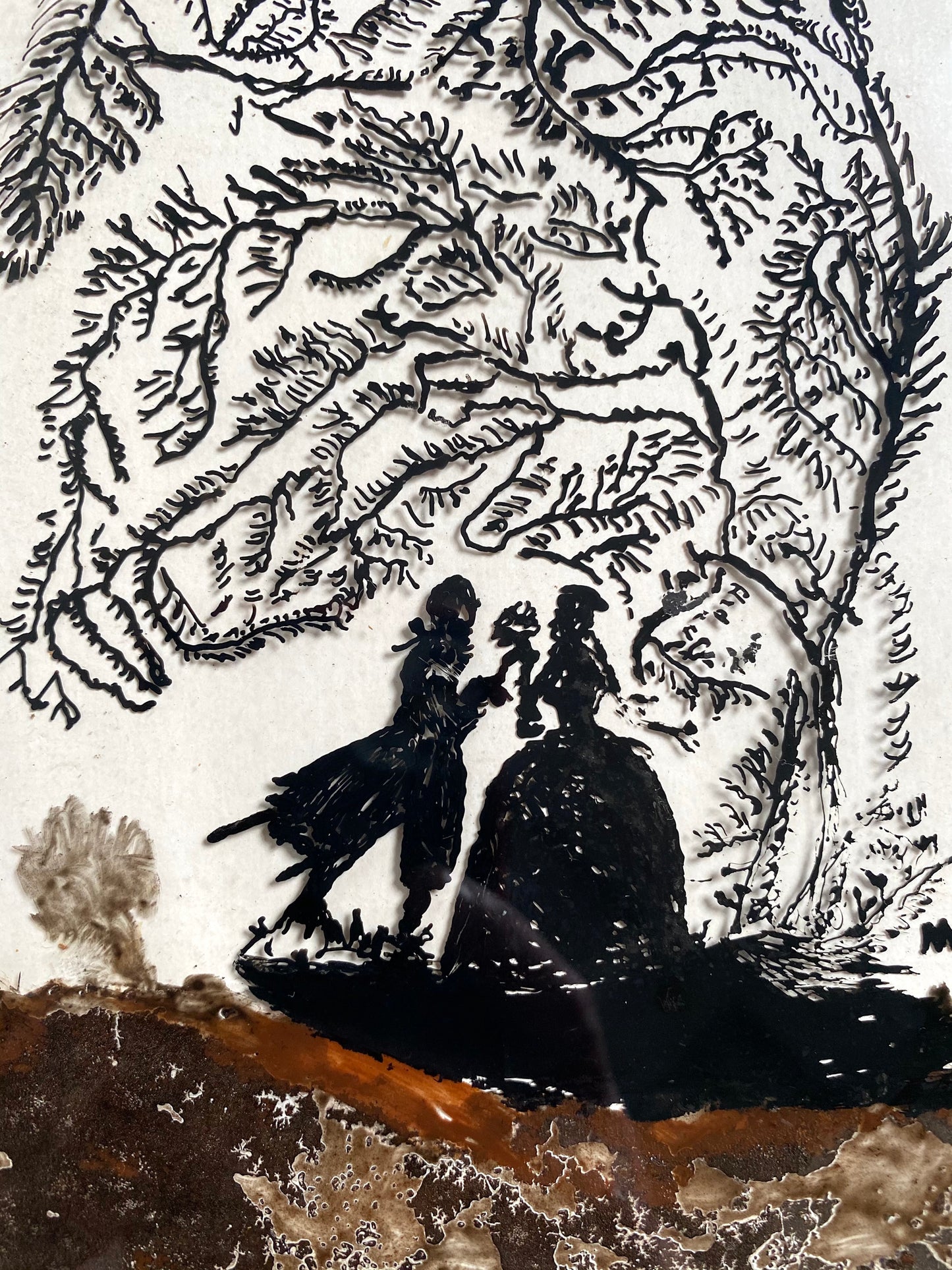 Silhouette Reverse Painting on Glass, Romantic Love