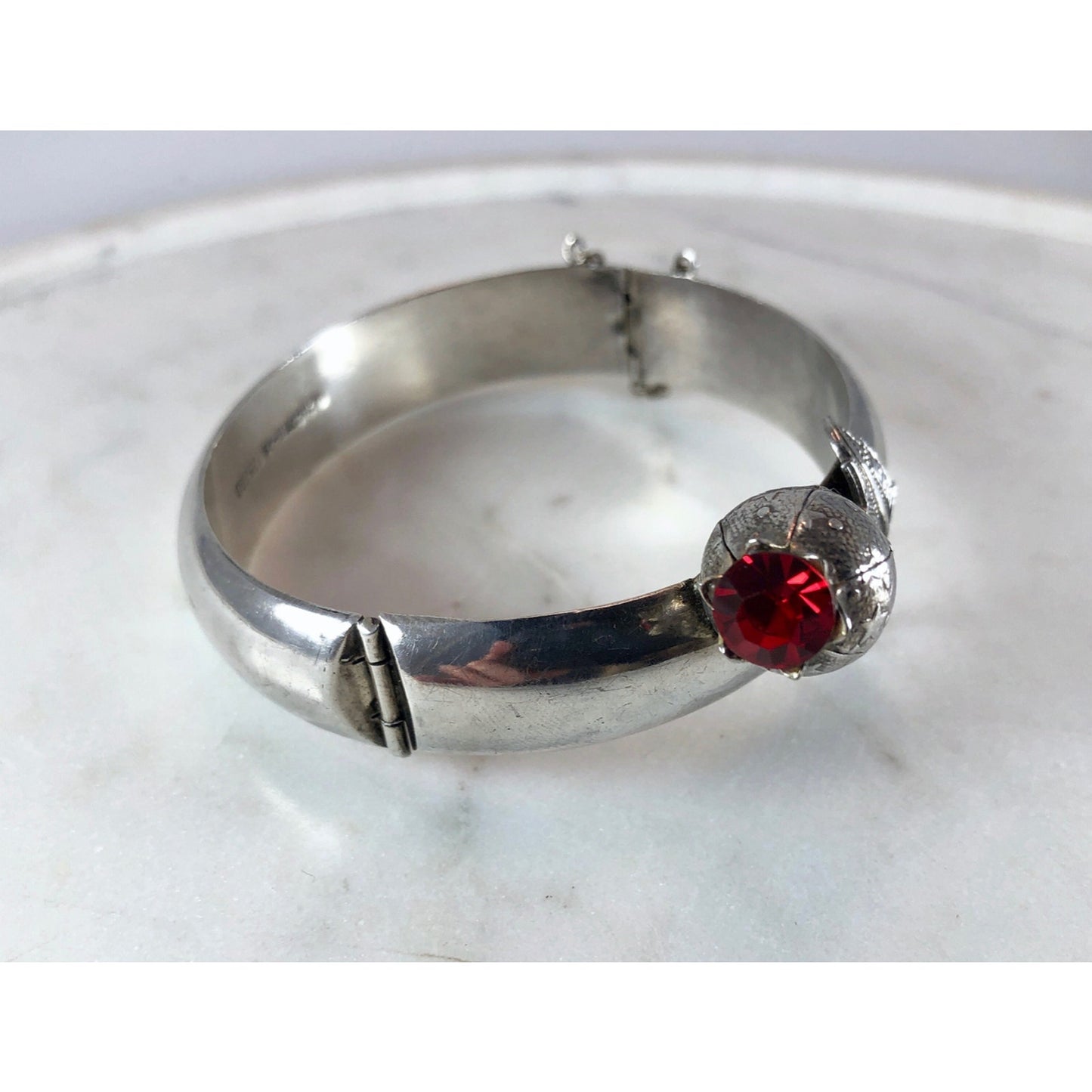 Antique Sterling Silver Mexican RED Poppy Flower Pendant Bangle Bracelet