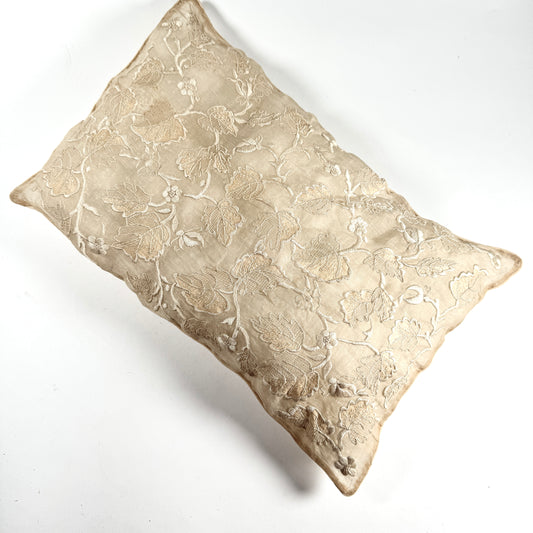Antique Silk Embroidered Pillow Leaves & Flowers