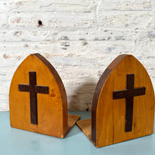 Load image into Gallery viewer, Vintage Wood Bookends with Cross Appliqués
