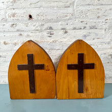 Load image into Gallery viewer, Vintage Wood Bookends with Cross Appliqués
