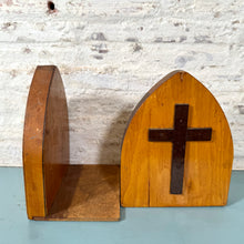 Load image into Gallery viewer, Vintage Wood Bookends with Cross Appliqués
