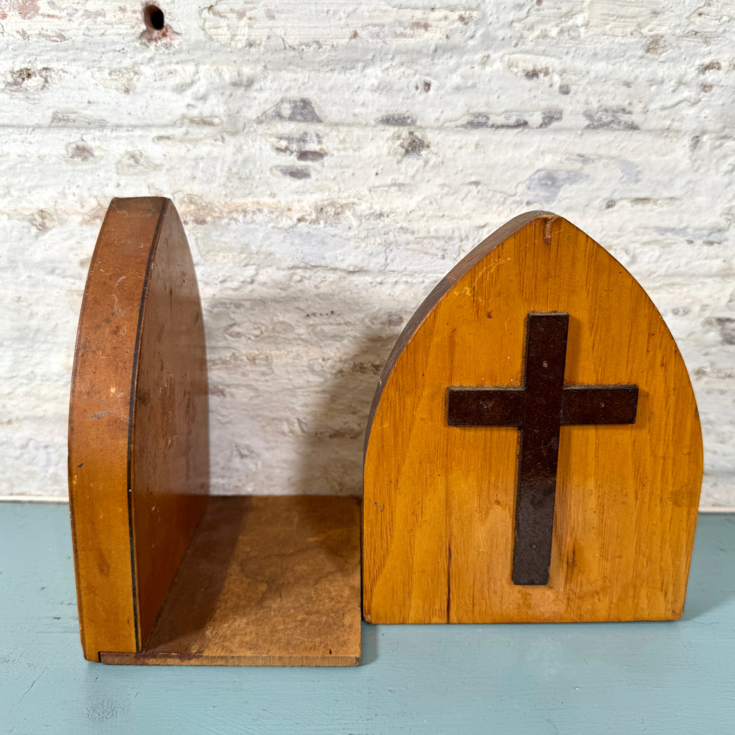 Vintage Wood Bookends with Cross Appliqués