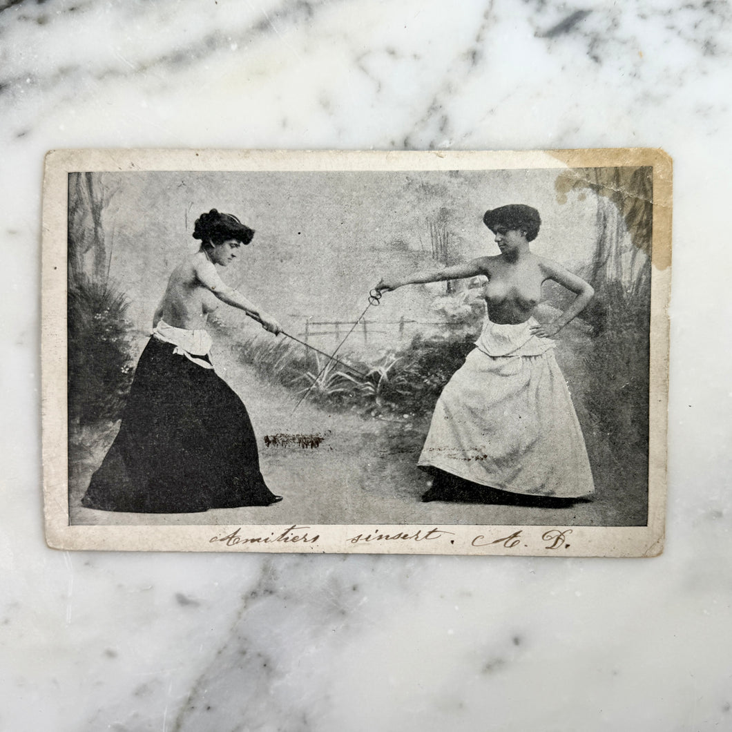 French Carte Postale Two Topless Women Jousting