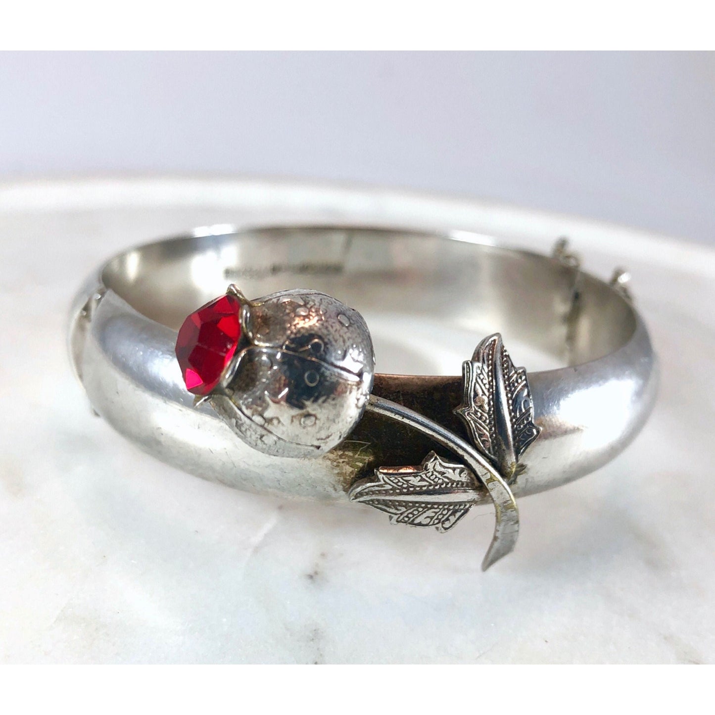 Antique Sterling Silver Mexican RED Poppy Flower Pendant Bangle Bracelet