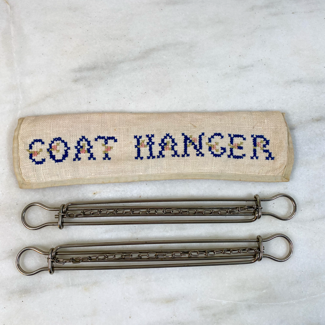 Antique Traveling Coat Hangers with handmade X-Stitched Case