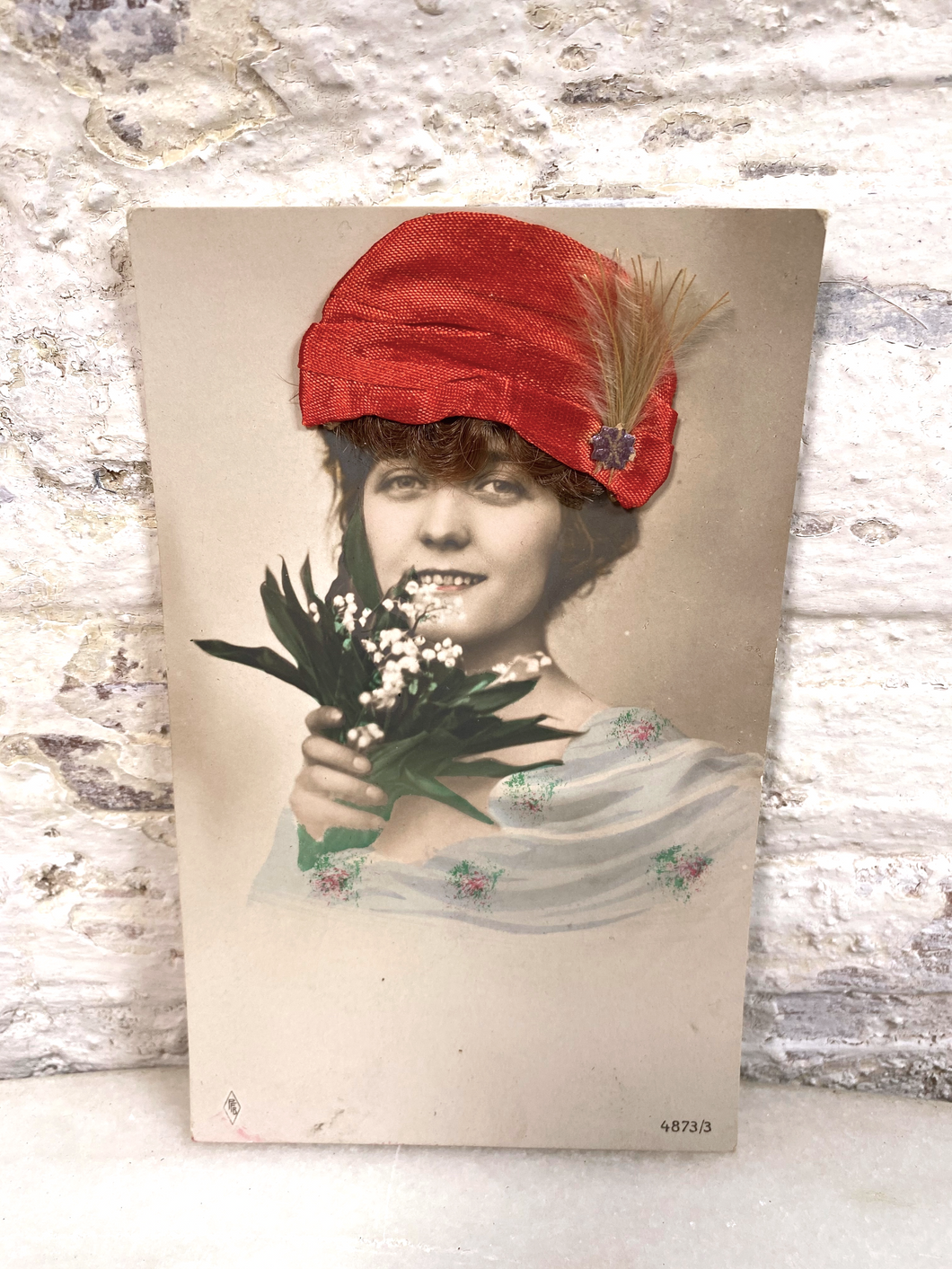 3D Tinted, German Photo Postcard with Real Hair and 3-D, Hat Flowers