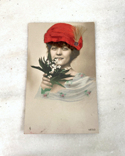 Load image into Gallery viewer, 3D Tinted, German Photo Postcard with Real Hair and 3-D, Hat Flowers
