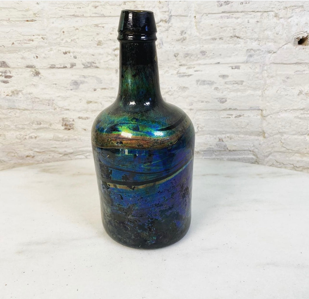 Antique Iridescent Black Glass Bottle